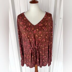 Candace Cameron Bure Long Sleeve V-Neck Brown Blouse Floral Fall Top Sz. L